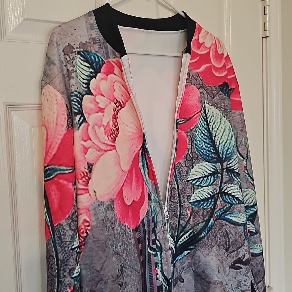 New Retro Y2K Lightweight Bomber Jacket Floral Full Zip Large - Picture 9 of 13